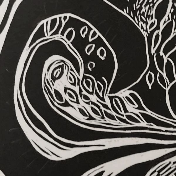 Close-up image of a scratch drawing. Anthropomorphic line drawing, nature.