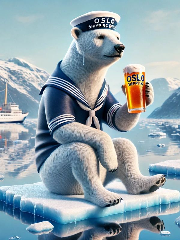 A polar bear in a sailor outfit holding a beer on an ice floe.