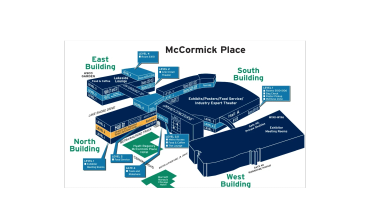 Diagram of McCormick Place with labeled buildings and halls.
