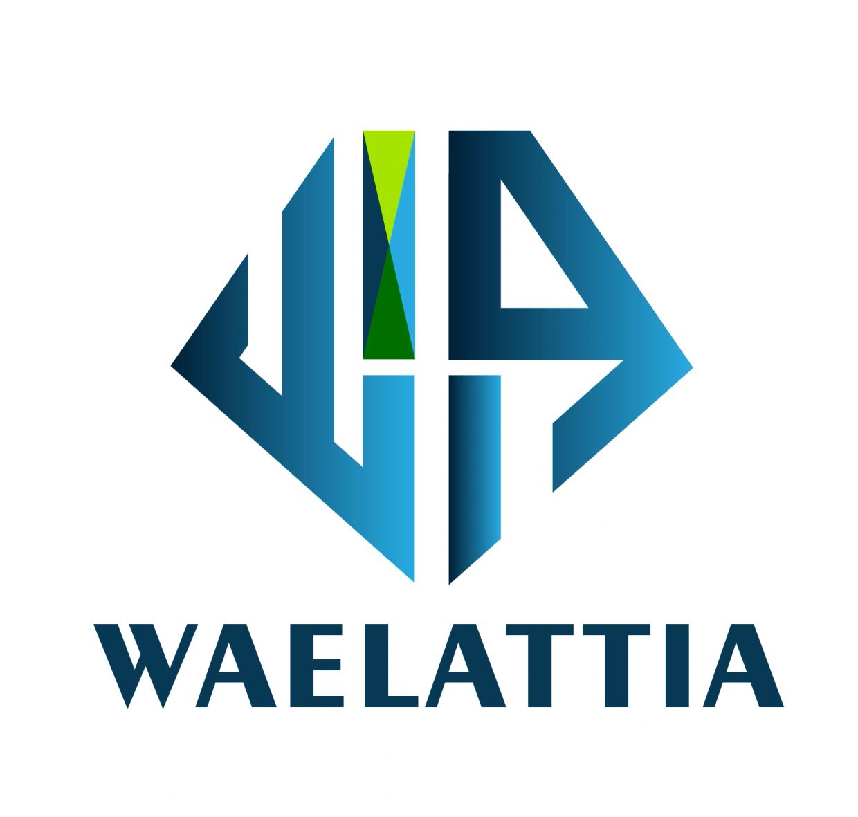 Modern geometric logo with blue and green accents and the name WAELATTIA.
