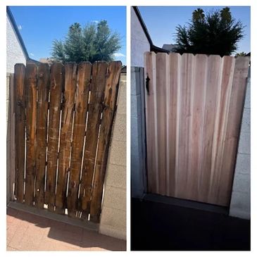 Before and after photos of a wooden gate restoration.