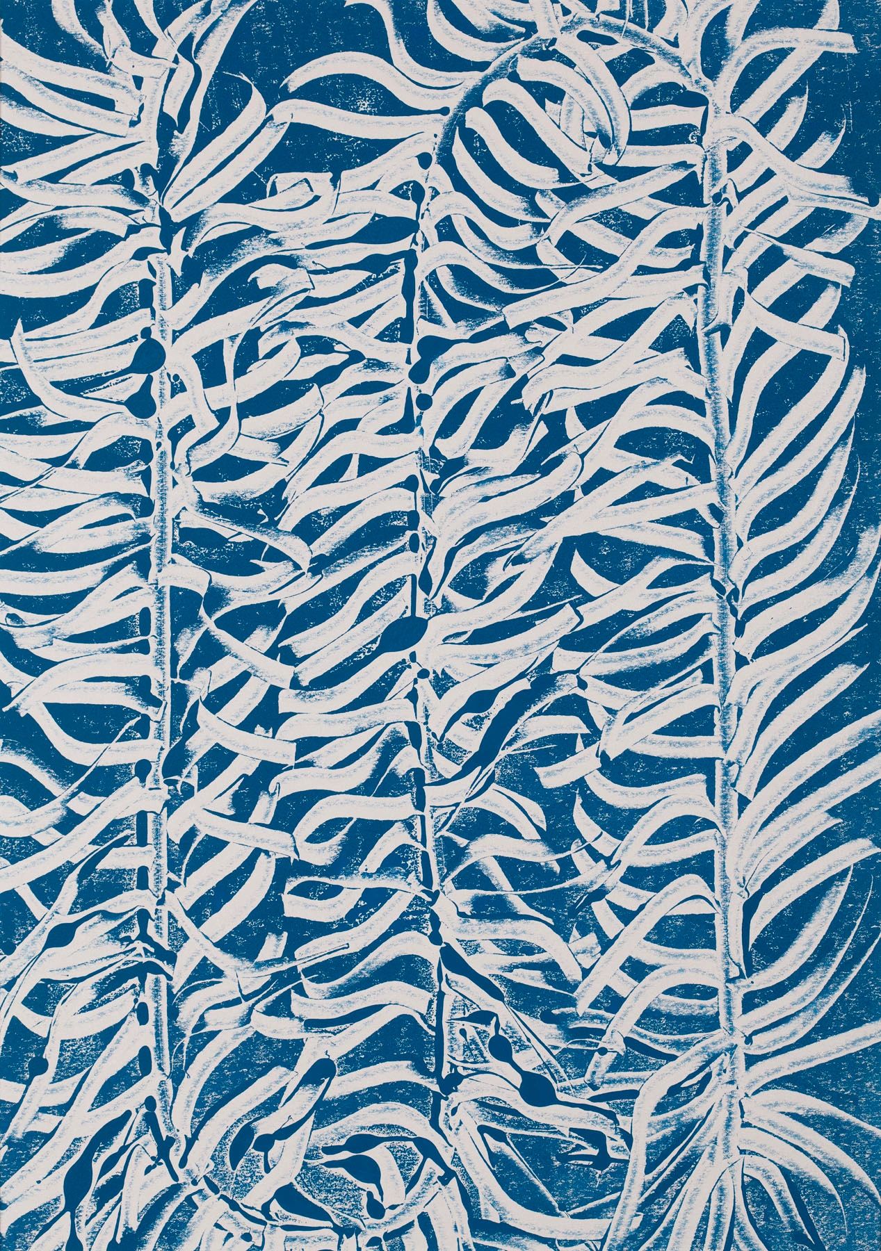 Blue and white monoprint artwork