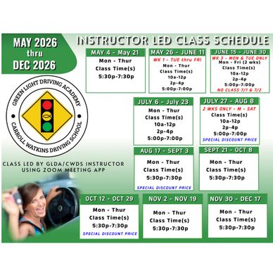 Driving school class schedule from May to December 2026 with various time slots and special discounts.
