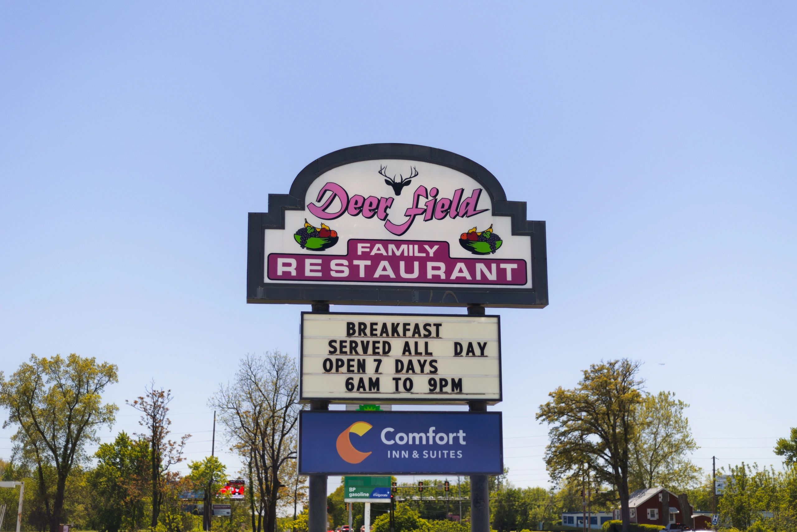 Sign for Deer Field Family Restaurant with breakfast served all day.