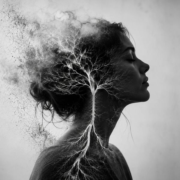 Woman's profile merging with a tree's branches in artistic black and white.