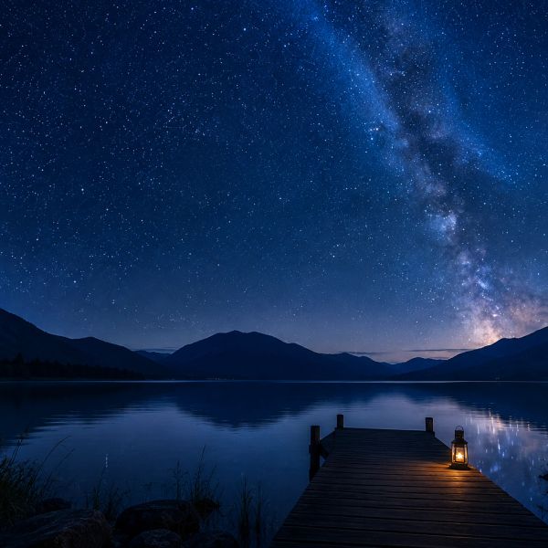 Starry night sky over a calm lake with a lit lantern on a wooden dock.