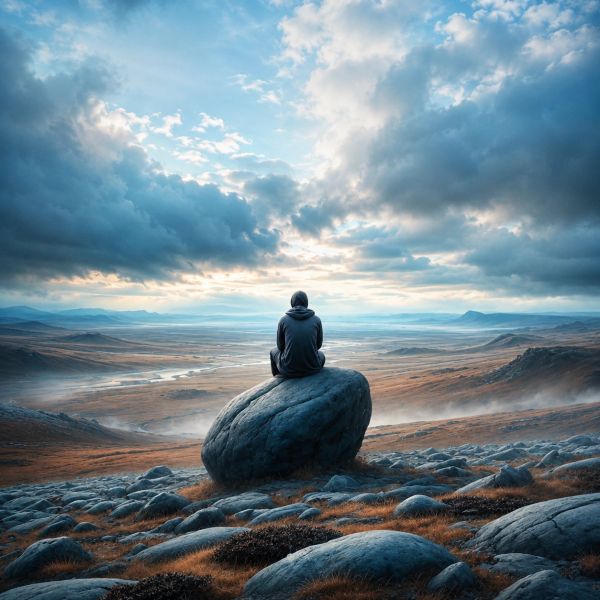 Person sitting on a rock overlooking a vast landscape under a dramatic sky.