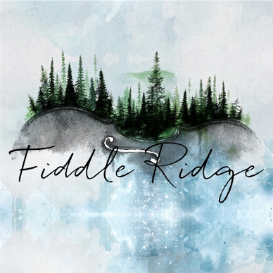 Artistic logo of Fiddle Ridge with trees and water reflection.