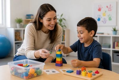A woman and a boy happily building a tower with colorful blocks at a table.