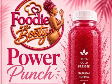 Packaging for a red energy drink called Foodie of the Booty Power Punch.