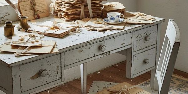 Rustic desk and chair with bundles of old letters and a teacup near a window.