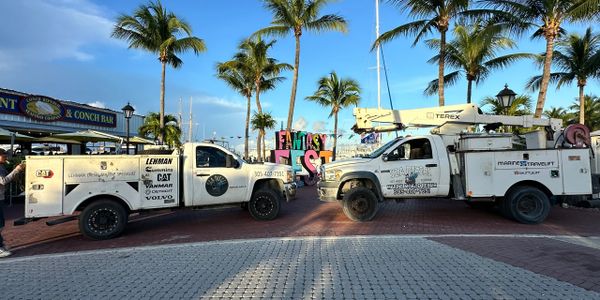 Two white utility trucks parked facing each other near palm trees and a colorful sign.