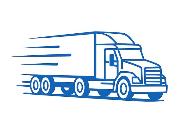 Blue line art of a speeding semi-truck on white background.