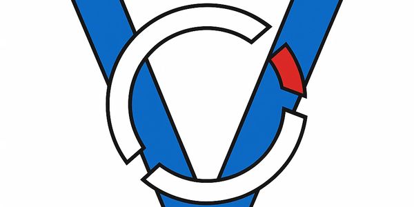 Abstract logo with blue V and white circular shapes.