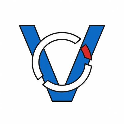 Stylized blue letter V with a circular arrow wrapping it, featuring a red arrowhead.