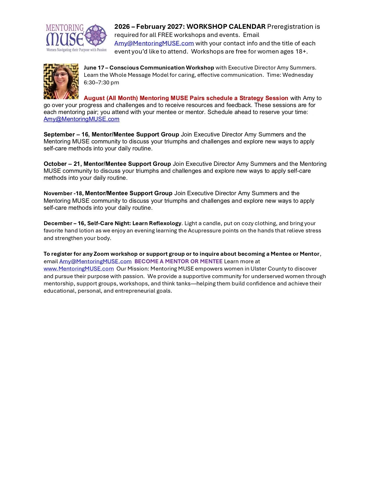 Mentoring MUSE workshop calendar with events and support groups for women ages 18+. Contact Amy Summers to register.