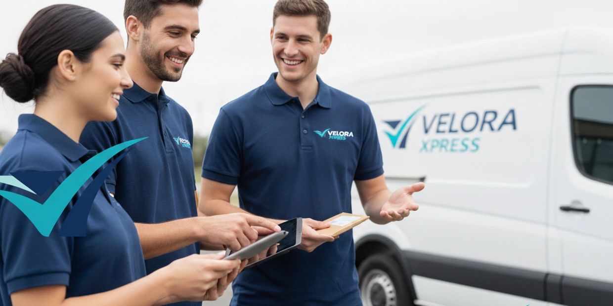 Velora Xpress delivery team discussing with a tablet and package near their van.