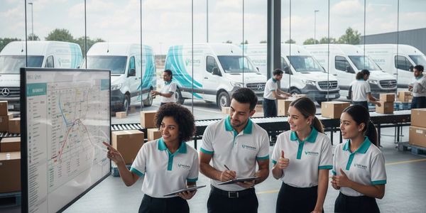Logistics team plans delivery routes using maps and digital tools in a warehouse.