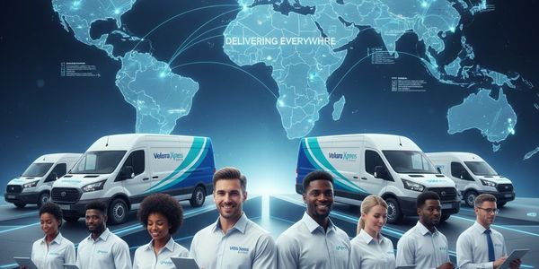 Diverse logistics team with delivery vans and a global map behind.