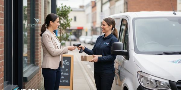 Delivery person scans a package for a customer outside a storefront.