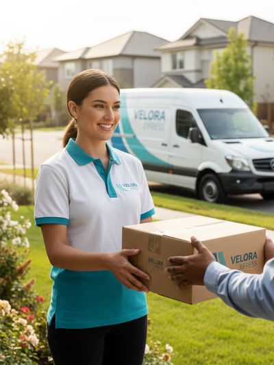 Delivery woman handing a package to a smiling man outside a home.
