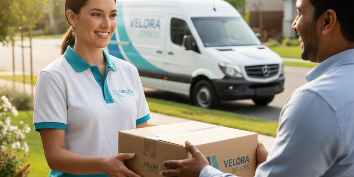 Delivery woman handing a package to a smiling man outside a home.