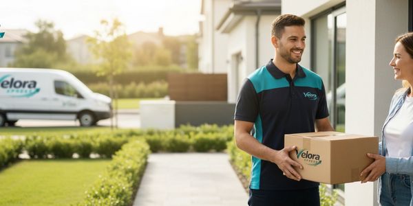 Delivery man handing over a Velora Xpress package to a smiling woman.