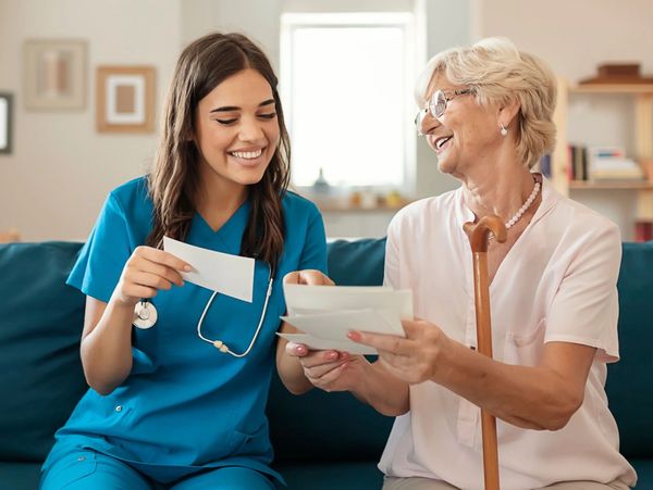 A nurse and elderly woman happily looking at photos together.