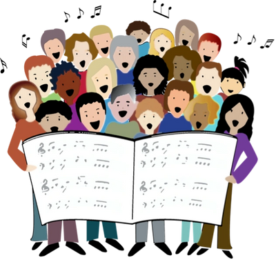 A diverse group singing from sheet music.