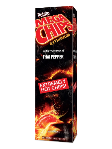 potato mega chips, the black package of mega chips is the Thai Pepper taste