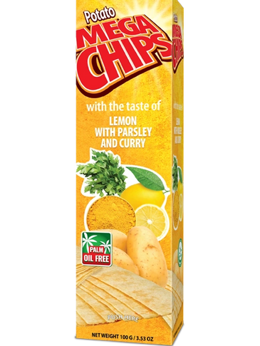 potato mega chips with taste of lemon and curry with parsely, sour with spices