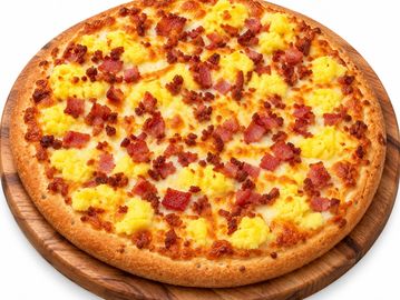 Breakfast pizza with eggs and bacon.