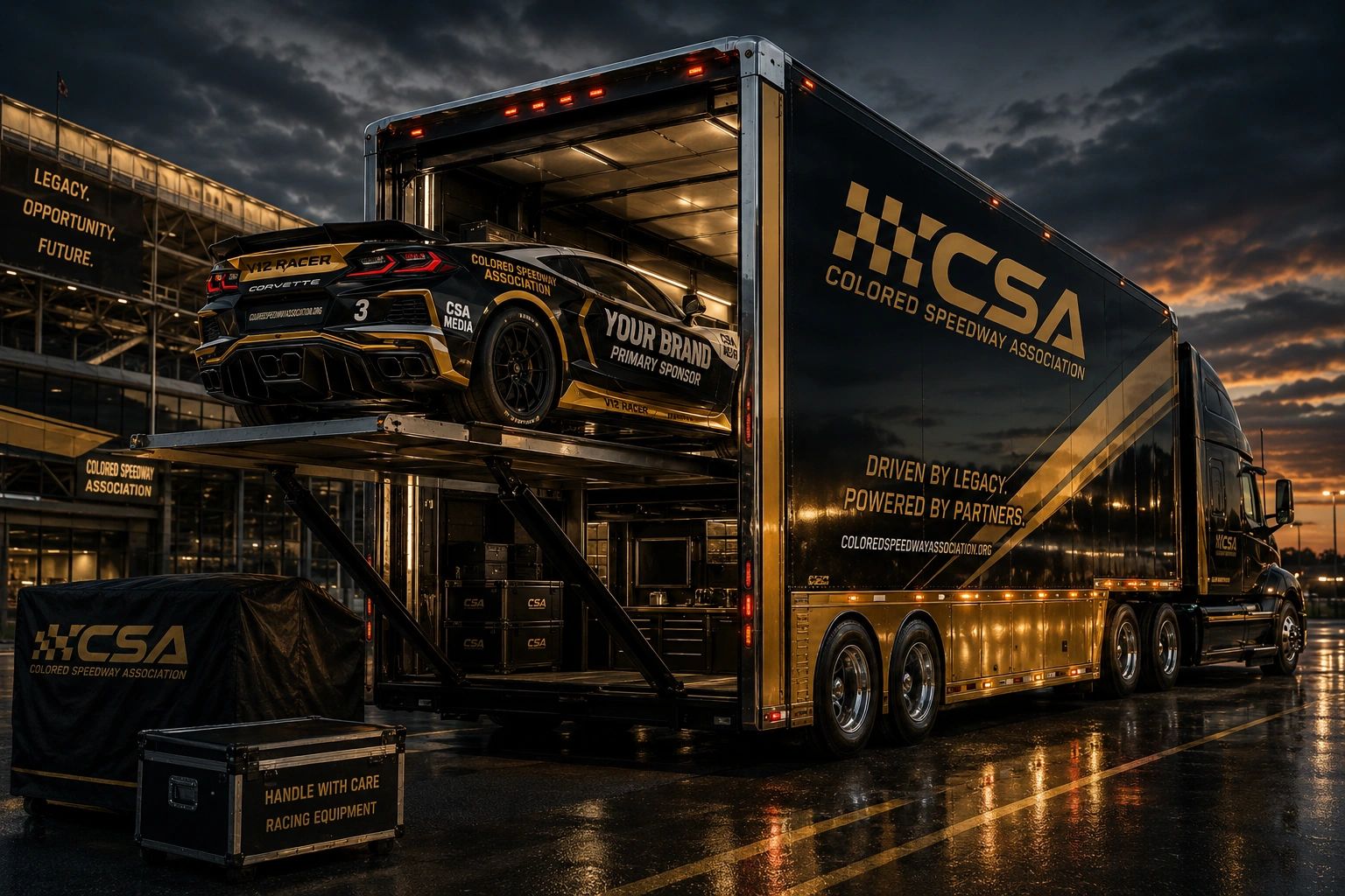 A race car being loaded into a trailer at dusk for the Colored Speedway Association.