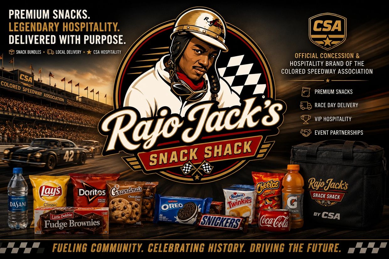 An advertisement for Rajo Jack's premium snack delivery at the Colored Speedway Association.