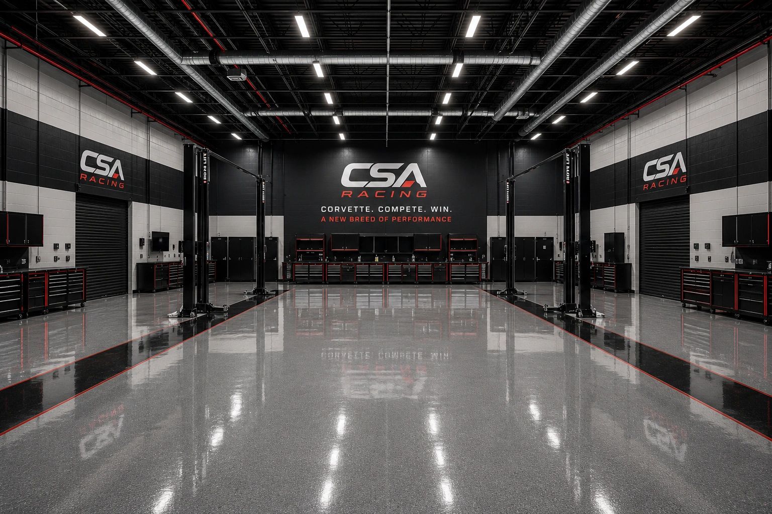 Clean and modern car garage with CSA Racing branding.