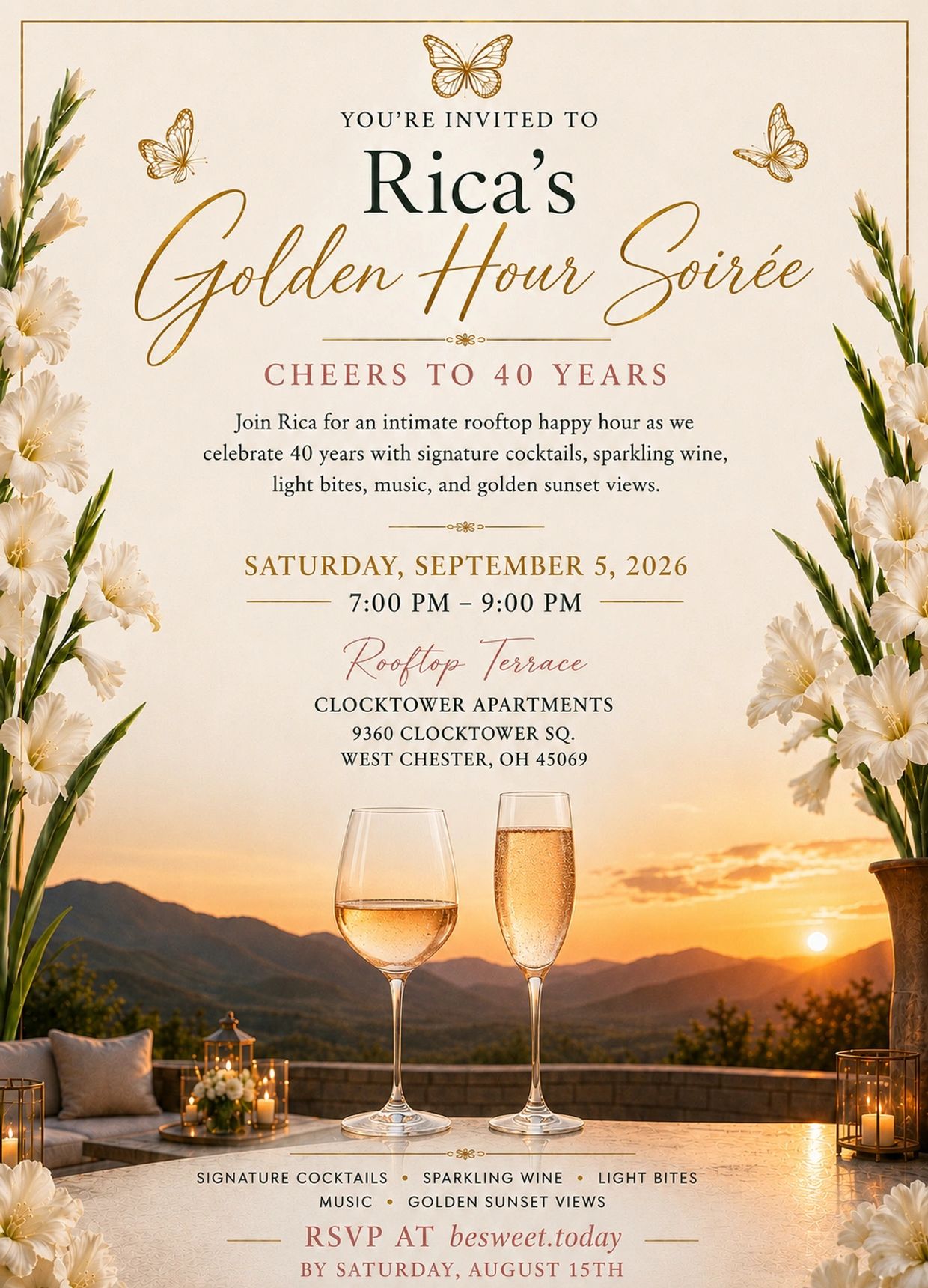 Invitation to Rica's rooftop happy hour celebrating 40 years.