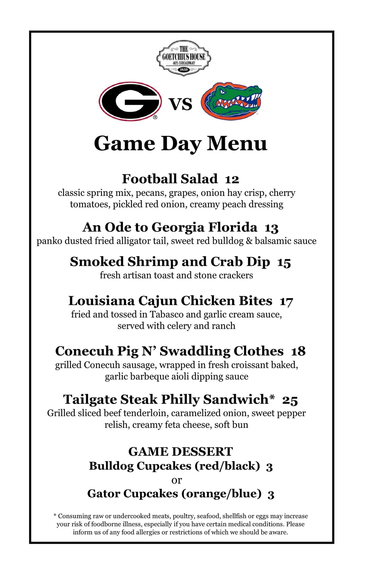 Game day menu featuring Southern-inspired dishes for a Georgia vs Florida football event.