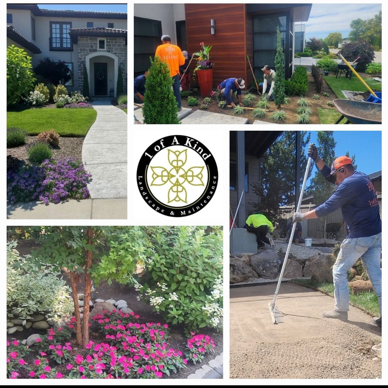 Collage showcasing professional landscaping and maintenance work with vibrant gardens and workers in action.