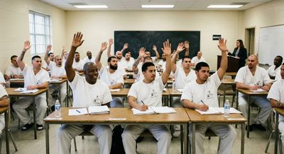 Inmates in a classroom raising their hands during a lesson.