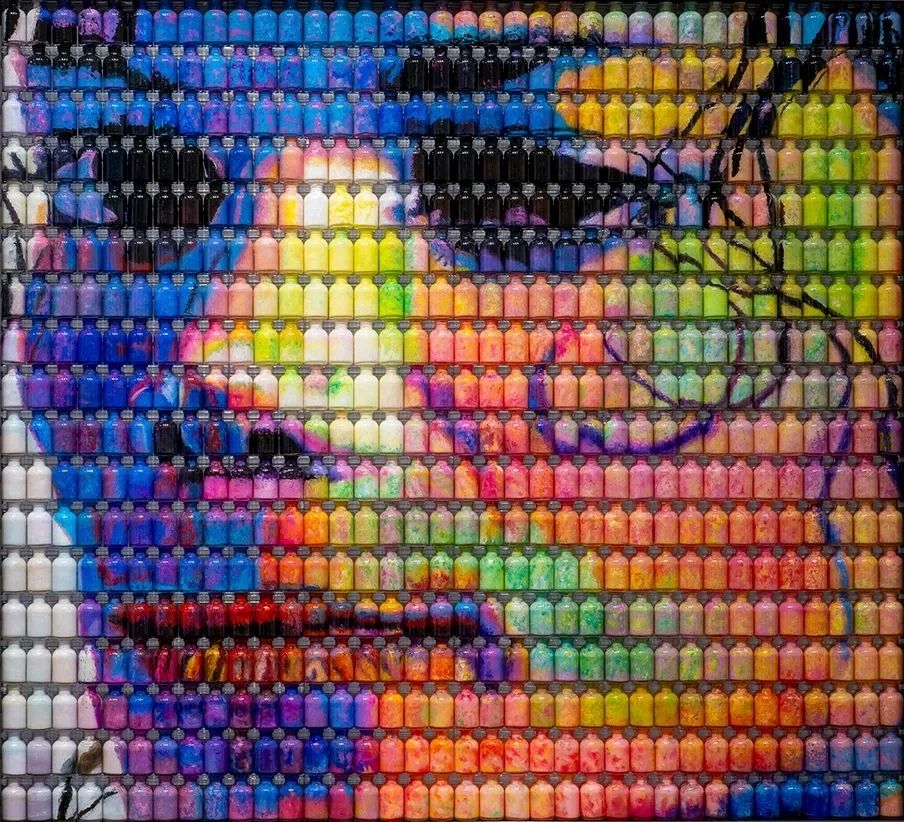 Man in the Mirror, 2013, Acrylic, vials, & Stainless Steel, Mosaic of bottles, Michael Jackson