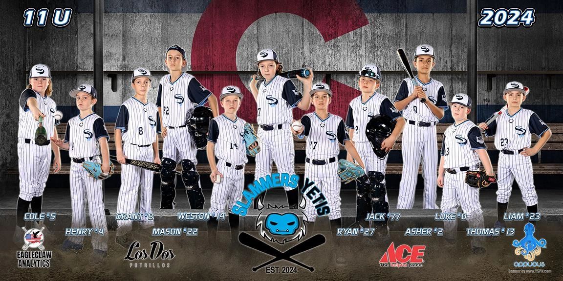 Youth baseball team posing in uniform with gear for 2024 season.