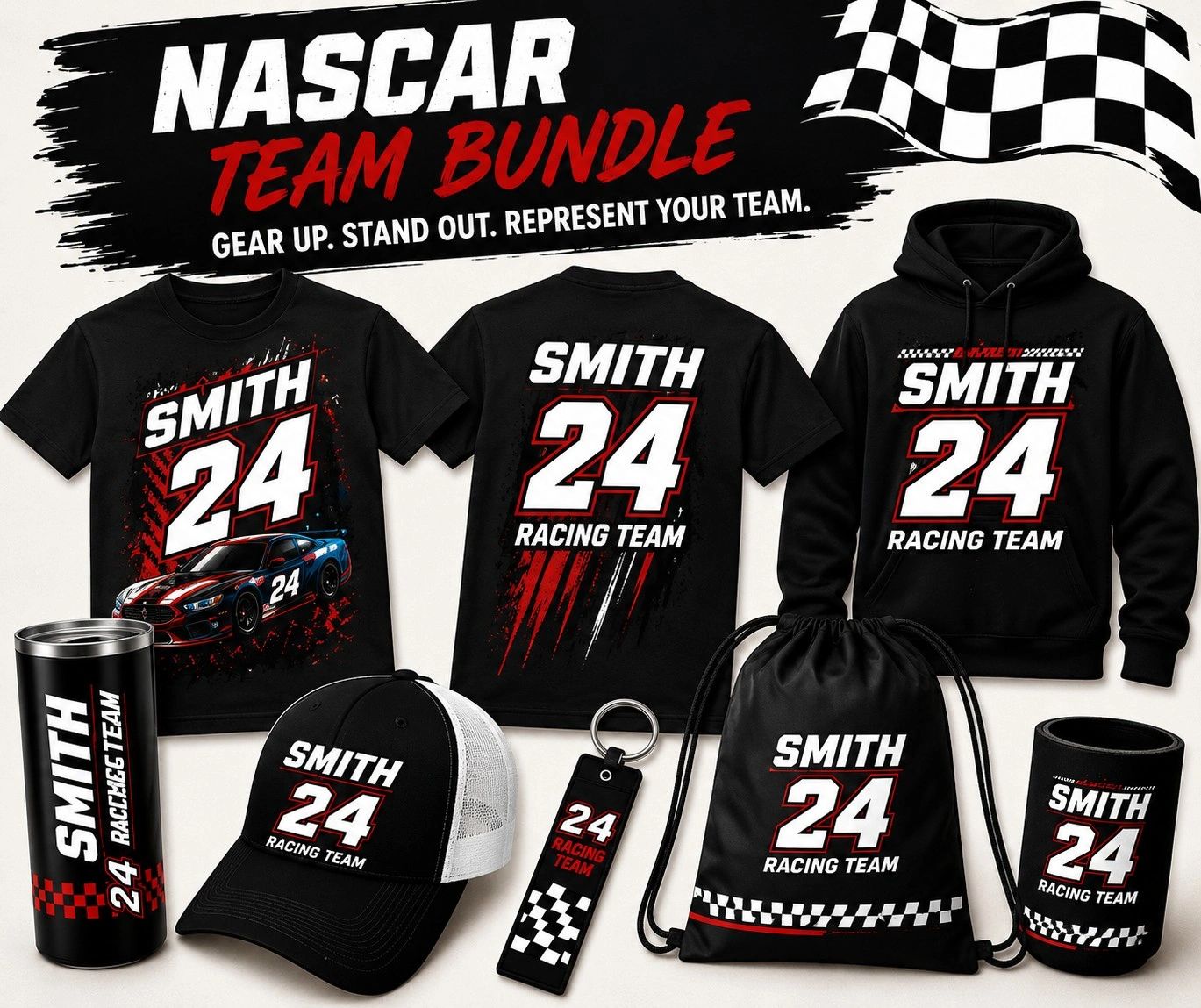 NASCAR team merchandise bundle featuring shirt, hoodie, hat, tumbler, keychain, and bag.