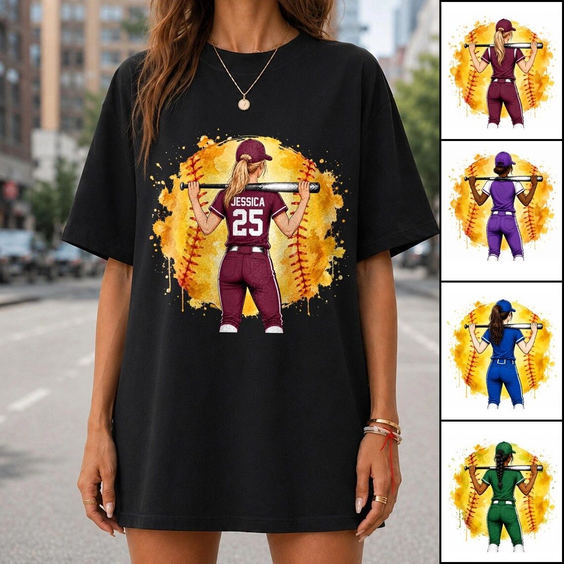 Woman wearing black t-shirt with a softball player graphic design.
