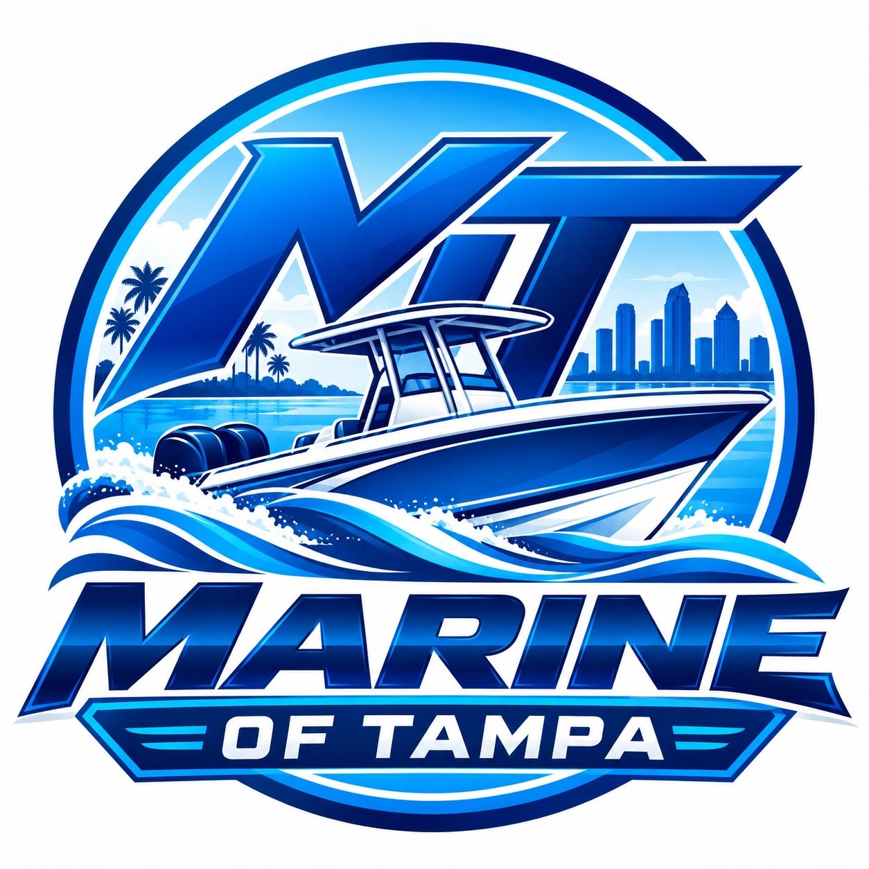 Logo for Marine of Tampa featuring a boat and city skyline.