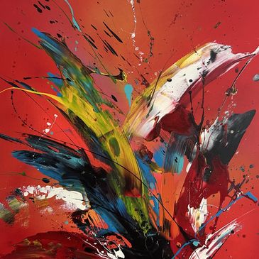 Peinture abstraite vibrante aux couleurs éclatantes sur fond rouge.