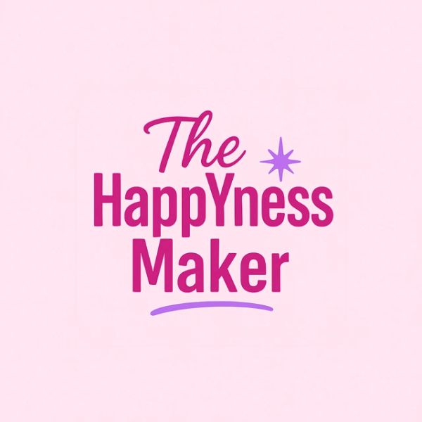The text 'The HappyNess Maker' with a pink and purple theme.