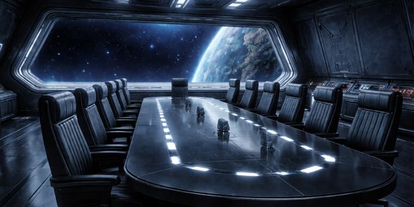 Futuristic conference room with a space view of a planet outside.