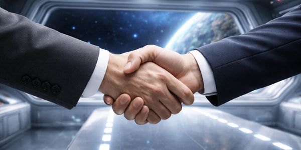 Two people shaking hands in a futuristic space setting.