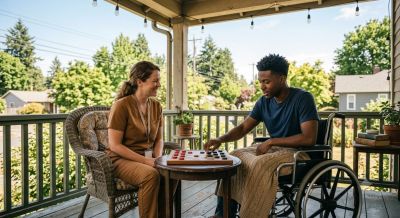 Two friends playing checkers on a porch, one in a wheelchair.