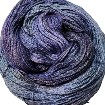 Hand dyed yarn that is a #2 sport weight, merino wool and hemp fibers.